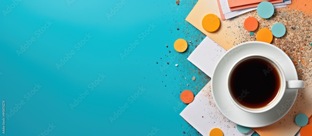 Poster top view of a coffee cup surrounded by copybooks on a colorful background perfect for incorporating 