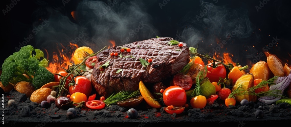 Aufkleber plate with tasty grilled vegetables and steaks on color background. copy space available