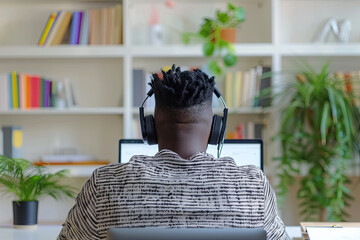 African man wearing headphones, watching a webinar and taking notes while studying online