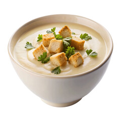A on bowl creamy cauliflower soup isolated on Transparent background.