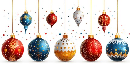 Colorful Christmas ornaments hanging, isolated on white background. Festive decorations for holiday season, with sparkles and patterns.