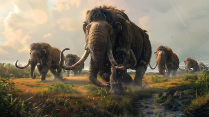 Fototapeta premium A group of mammoths walking on grassy plains in an ancient prehistoric environment. These powerful creatures dominate the landscape, reminding us of ancient times.