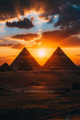 Majestic Great Pyramids of Giza in Egypt, captured during a breathtaking sunset