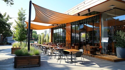 Elegant cantilever pole supporting a large shade sail in a contemporary outdoor cafe setting