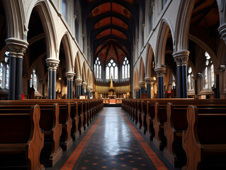 Fototapeta premium Interior of a Grand Cathedral with High Arches and Sunlight Streaming Through Stained Glass Windows