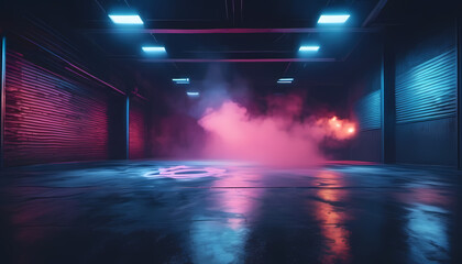 A dark empty street, dark blue background, an empty dark scene, neon light, spotlights The asphalt floor and studio room with smoke float up the interior texture. night view
