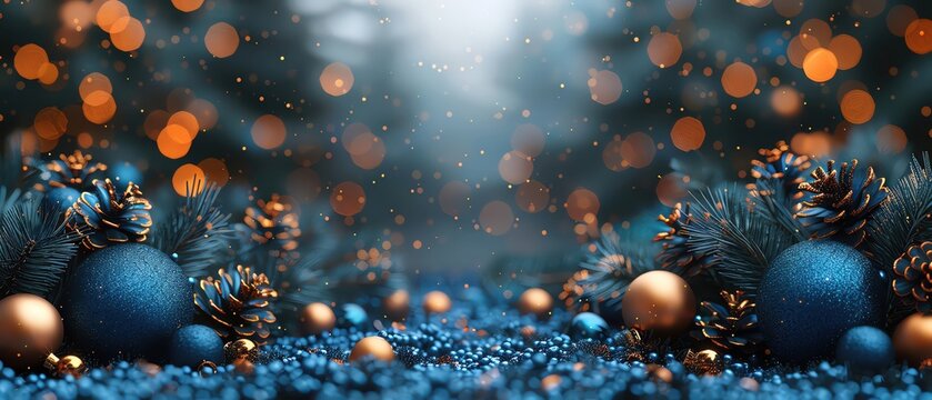 Festive Christmas background with blue ornaments, pinecones, and bokeh lights, creating a magical holiday atmosphere.
