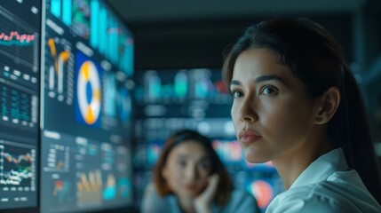 Hispanic female data scientist reviewing reports on large screen in dark room, information innovation report