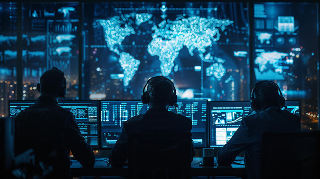 Security team coordinating response efforts, strategy computer headphone office