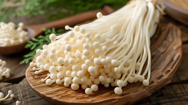 White enoki mushrooms on wooden plate, beech mushroom flammulina velutipes edible mushroom buna shimeji