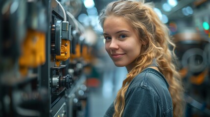 Portrait happy young female worker standing near industrial machinery in factory concept agile lean operation, efficiency communication