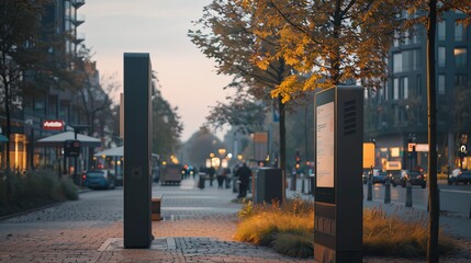 Minimalist cantilever pole in a public square, supporting a digital information board