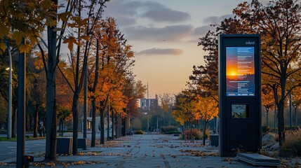 Minimalist cantilever pole in a public square, supporting a digital information board