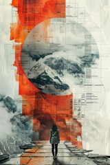 abstract representation of a woman on a broken road in a circle at the top depicting snow-capped mountain peaks