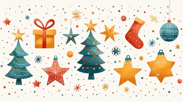 Festive holiday illustrations featuring Christmas trees, stockings, gifts, and stars, perfect for holiday-themed designs and celebrations.