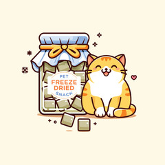 Yellow cat sitting next to a bottle of cat dried food snack illustration, isolated background