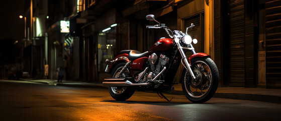 A sleek and powerful motorcycle parked under streetlights at night, representing freedom and adventure.