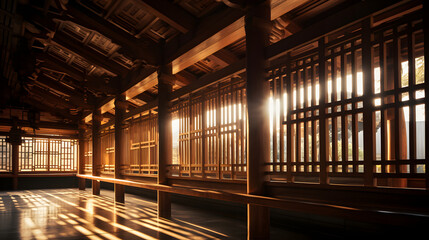 An atmospheric image of a traditional Japanese wooden building with warm lighting.