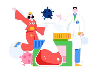 Fototapeta premium Medical characters fighting the epidemic flat vector concept operation hand drawn illustration 