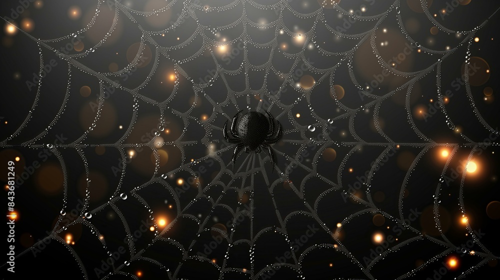 Poster close-up of a spider in the center of its web with dew drops and glowing bokeh lights against a dark