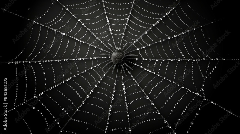 Poster close-up of a spider web with dewdrops against a dark background, showcasing intricate patterns and 