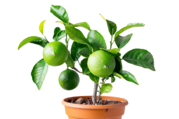 Fresh Green Lime Tree in a Terracotta Pot Against a White Background - Vibrant Citrus Plant with Lush Leaves and Ripe Fruits - Ideal for Gardening, Home Decor, and Culinary Use