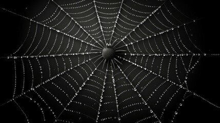 Obraz premium Close-up of a spider web with dewdrops against a dark background, showcasing intricate patterns and natural beauty.