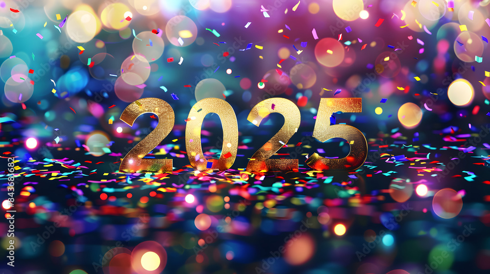 Poster a festive new year banner with the golden numbers 2025 in the center. surrounded by colorful bokeh l