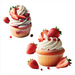 A close-up shot of a delicious strawberry shortcake cupcake, topped with more textured white whipped cream, fresh strawberries, and chocolate sprinkles on a pastel yellow