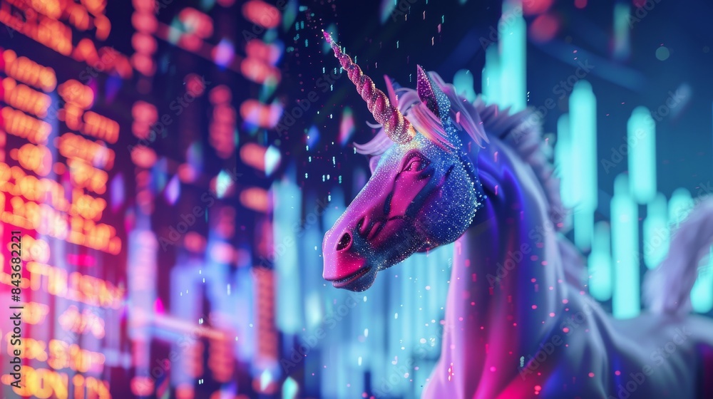 Poster unicorn standing in front of stock market data visualizations in neon colors