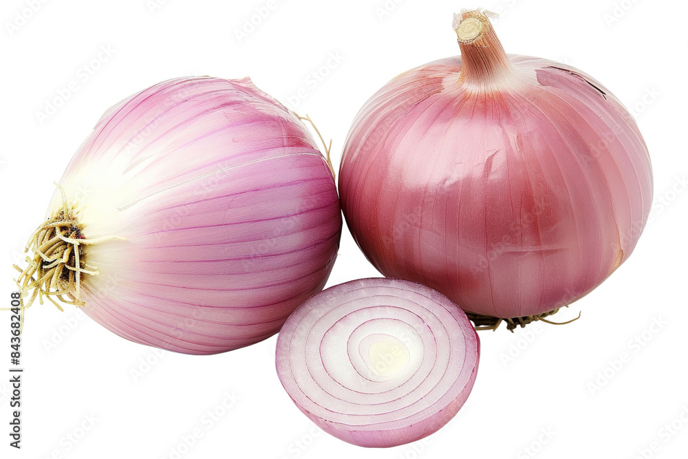 Poster fresh red onions isolated on white background - whole and sliced red onions with vibrant color and d