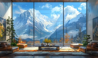 the empty modern home interior with panoramic windows and a snowy mountain view. Use vibrant colors and dynamic brushstrokes to capture the beauty and tranquility of the mountain landscape