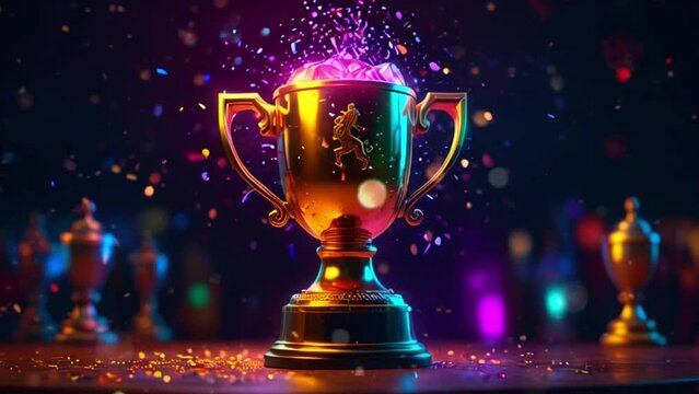 A gold trophy cup with a colorful light shining on it.