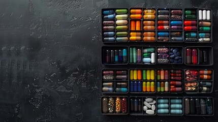  Highangle photo of a collection of colorful pills arranged neatly in a pill organizer emphasizing organization and routine