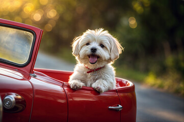 Adorable Dog Enjoying a Ride in a Red Vintage Car on a Sunny Day