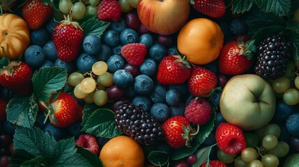 Top view of assorted summer fruits with green leaves