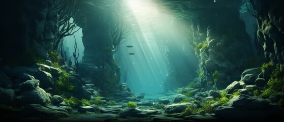 Fototapeta premium Hidden underwater cave with intricate rock formations and shafts of sunlight