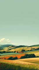 Serene Minimalist Digital Illustration of Rural Landscape with Farmhouses in Distance