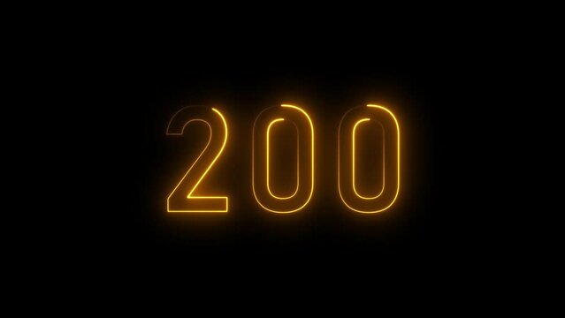 Abstract yellow neon 200 number animation 4k video.
