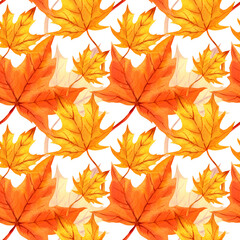 watercolor seamless pattern with autumn leaves, orange maple leaves, hand drawn illustration of yellow and orange autumn leaves, sketch isolated on white background, for autumn posters