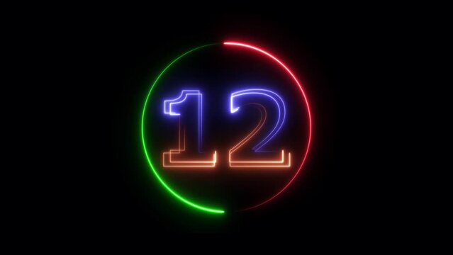 Abstract neon countdown 12 number animation 4k video.