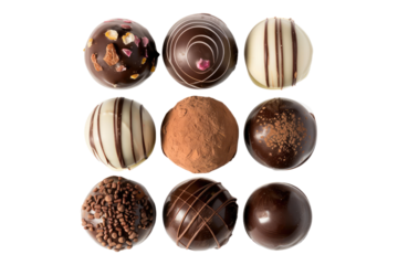 Closeup top view of truffles chocolate isolated on transparent background