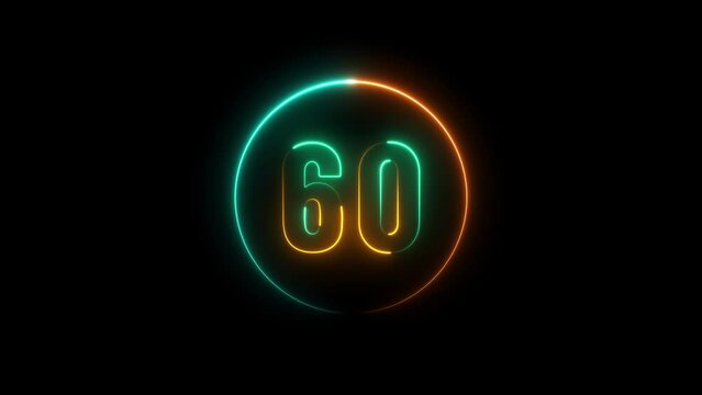 60 number neon text animation background. Business number icon digit video