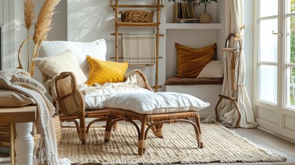 Contemporary Rattan Armchair and Ottoman with Yellow Pillows in a Sunlit Office