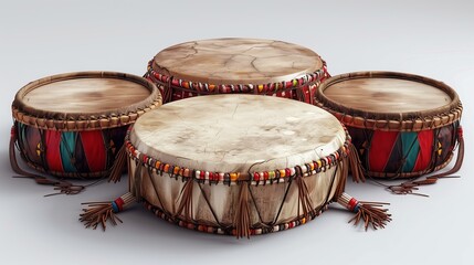 Traditional handcrafted drums in various sizes with colorful, beaded details and rich wooden textures.