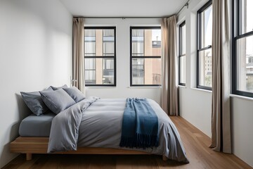 Sleek, serene bedroom with gray bedding, a blue throw, large windows, and wooden floors