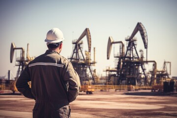 Back portrait of oil field worker in oil refinery.