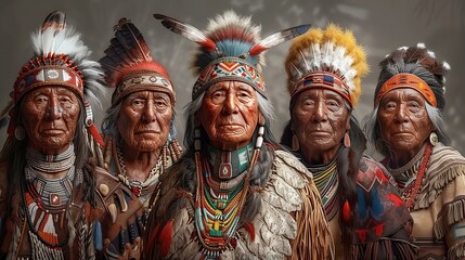 Fototapeta premium Five Native American elders in traditional attire with vibrant feathers and intricate beadwork, standing solemnly together