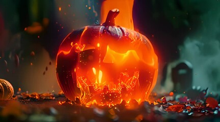 Halloween animated 4k background. scary and Spooky pumpkin in fire. around mystic evening and cemetery - Powered by Adobe