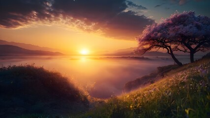 Fototapeta premium sunset in the mountains, beautiful sunrise, fantasy-like. Generative AI